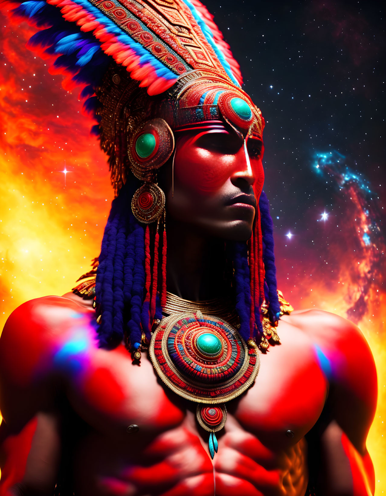 Colorful portrait with headdress and cosmic background.