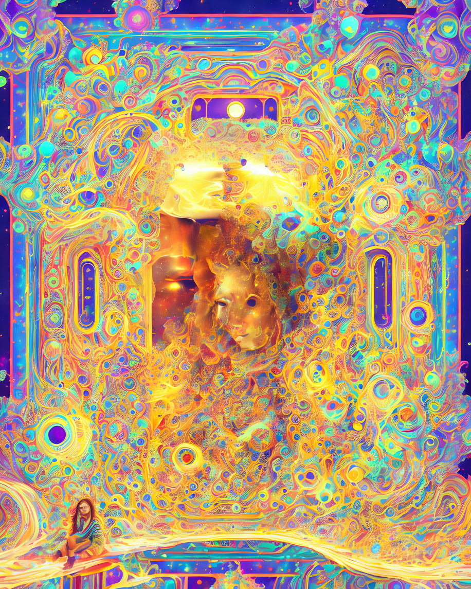 Colorful Psychedelic Digital Artwork with Ethereal Face and Abstract Patterns