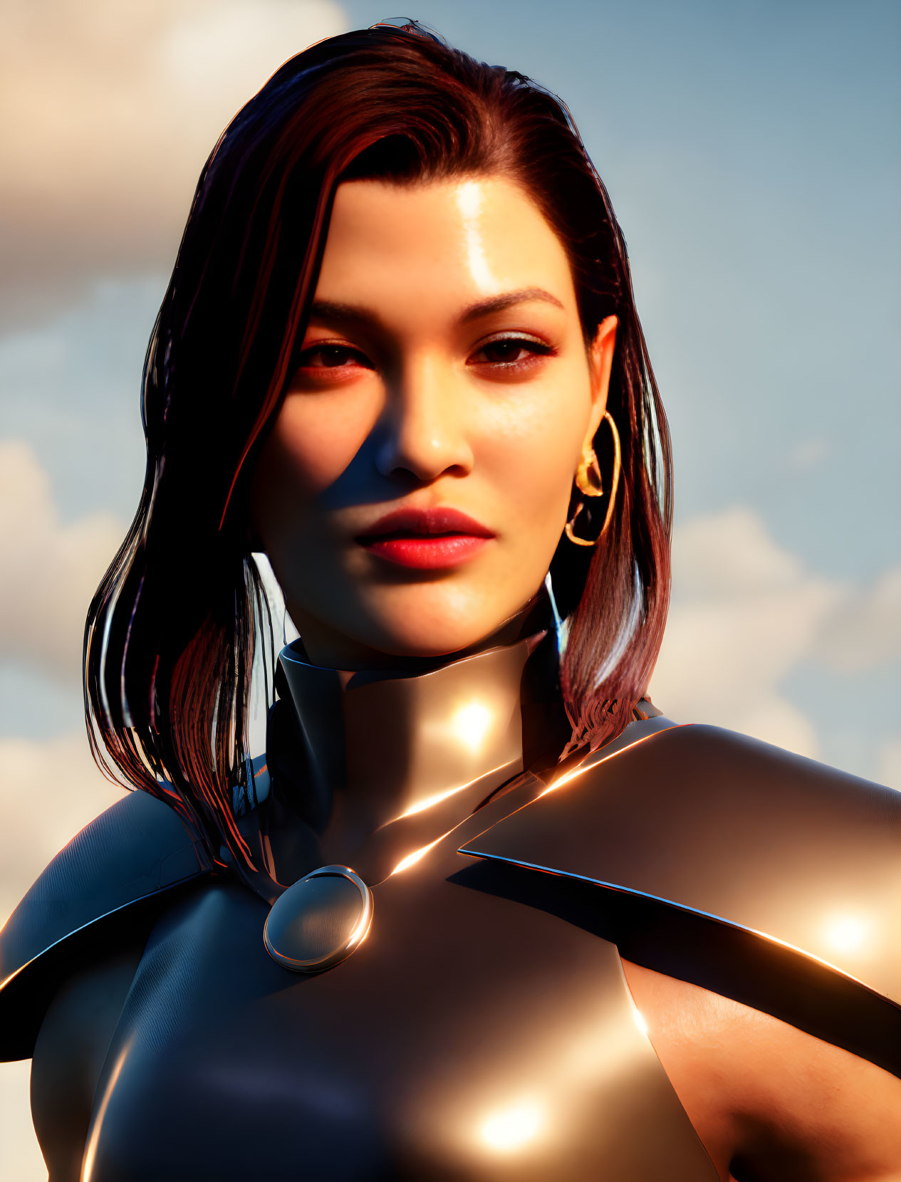 Asian woman in futuristic outfit with sleek hair and gold earrings on cloudy sky background