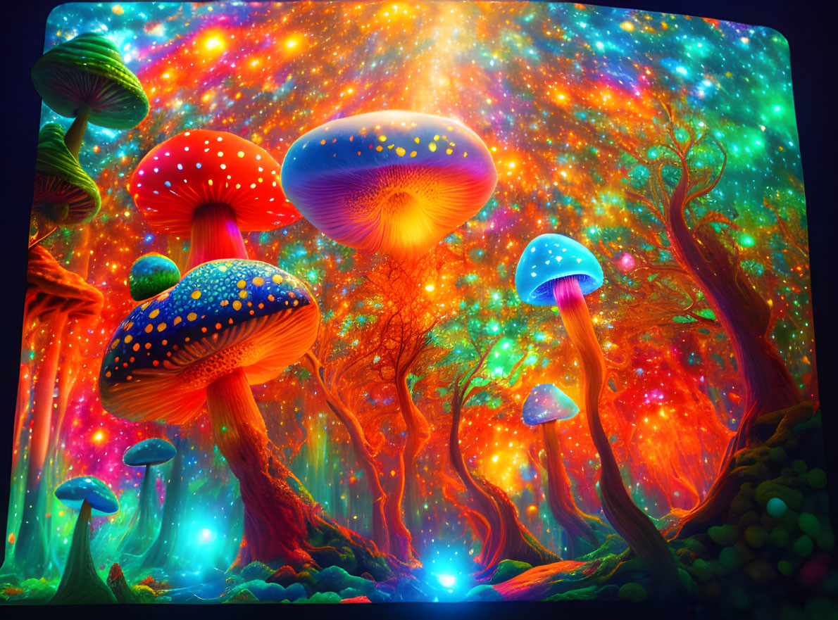 Colorful Psychedelic Forest with Oversized Mushrooms and Starry Sky