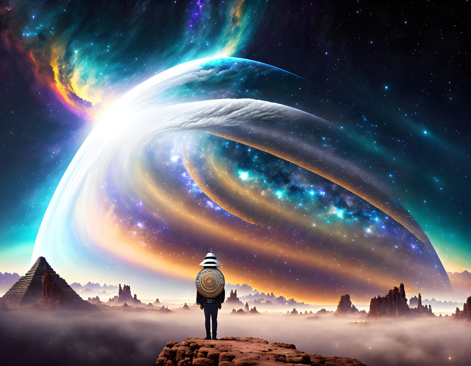 Person standing on rocky outcrop gazes at surreal cosmic scene with galaxies and misty landscape