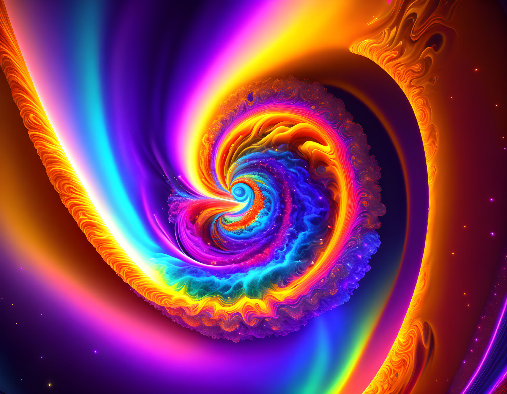 Colorful fractal art with swirling rainbow pattern and spiral center.