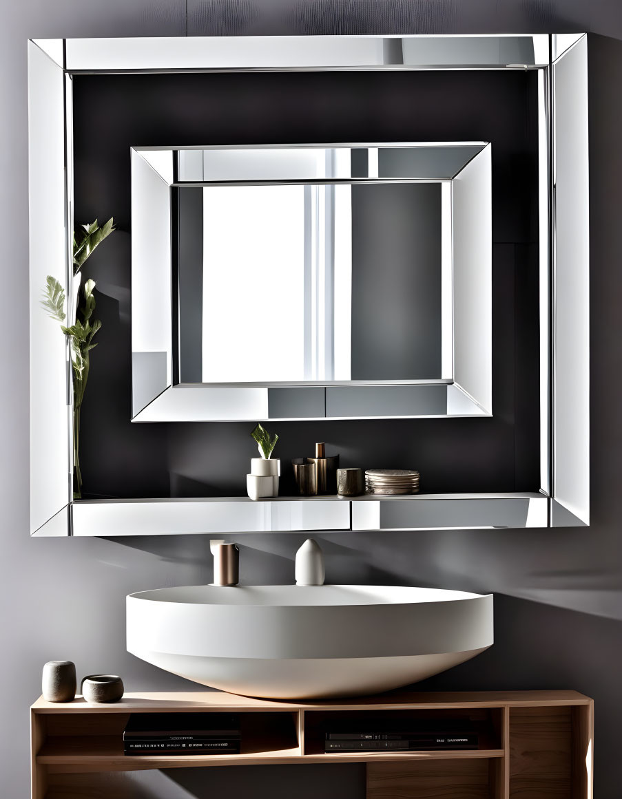 Modern Bathroom Vanity with Round Sink, Wall Mirror, Wooden Shelf, Minimalist Decor