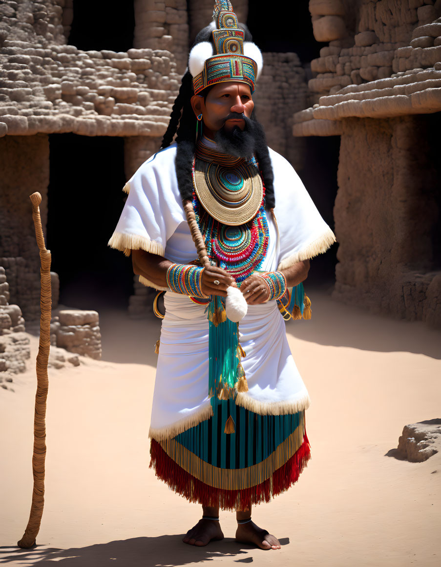 Elaborate Ancient Egyptian Costume with Headdress, Staff, and Jewelry