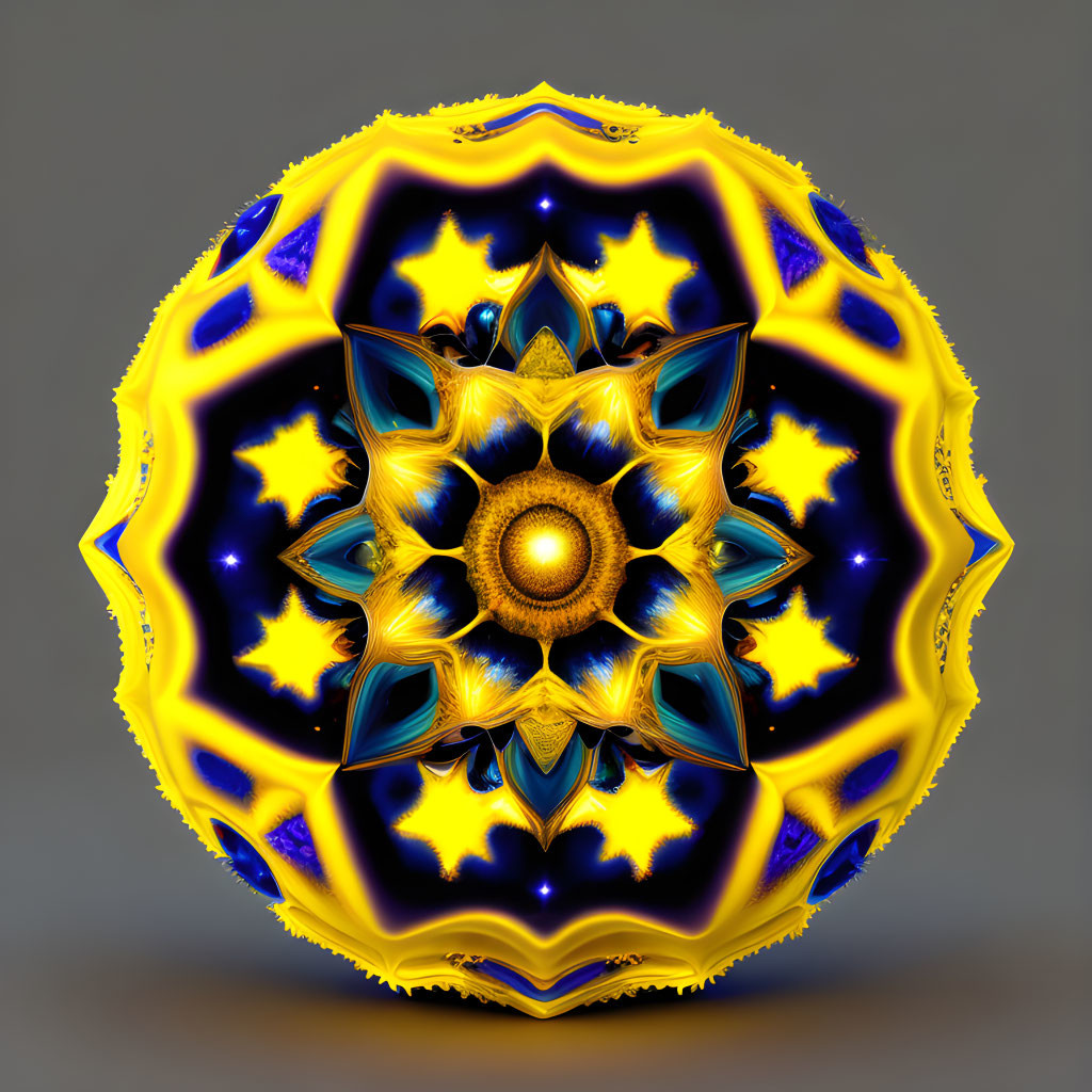 Detailed 3D fractal sphere with symmetrical blue, gold, and yellow pattern