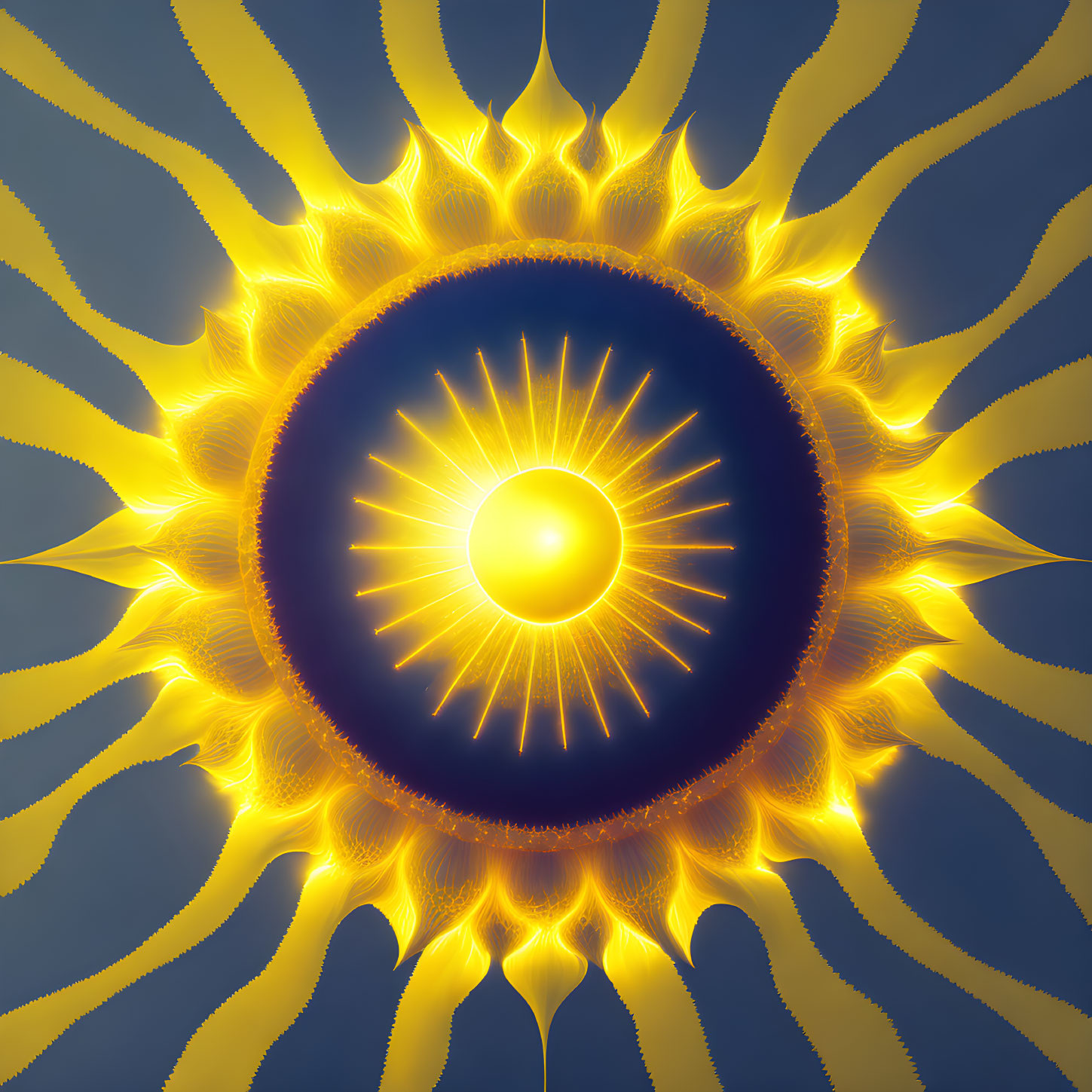 Colorful digital artwork: stylized sun with yellow and orange flames on blue gradient.