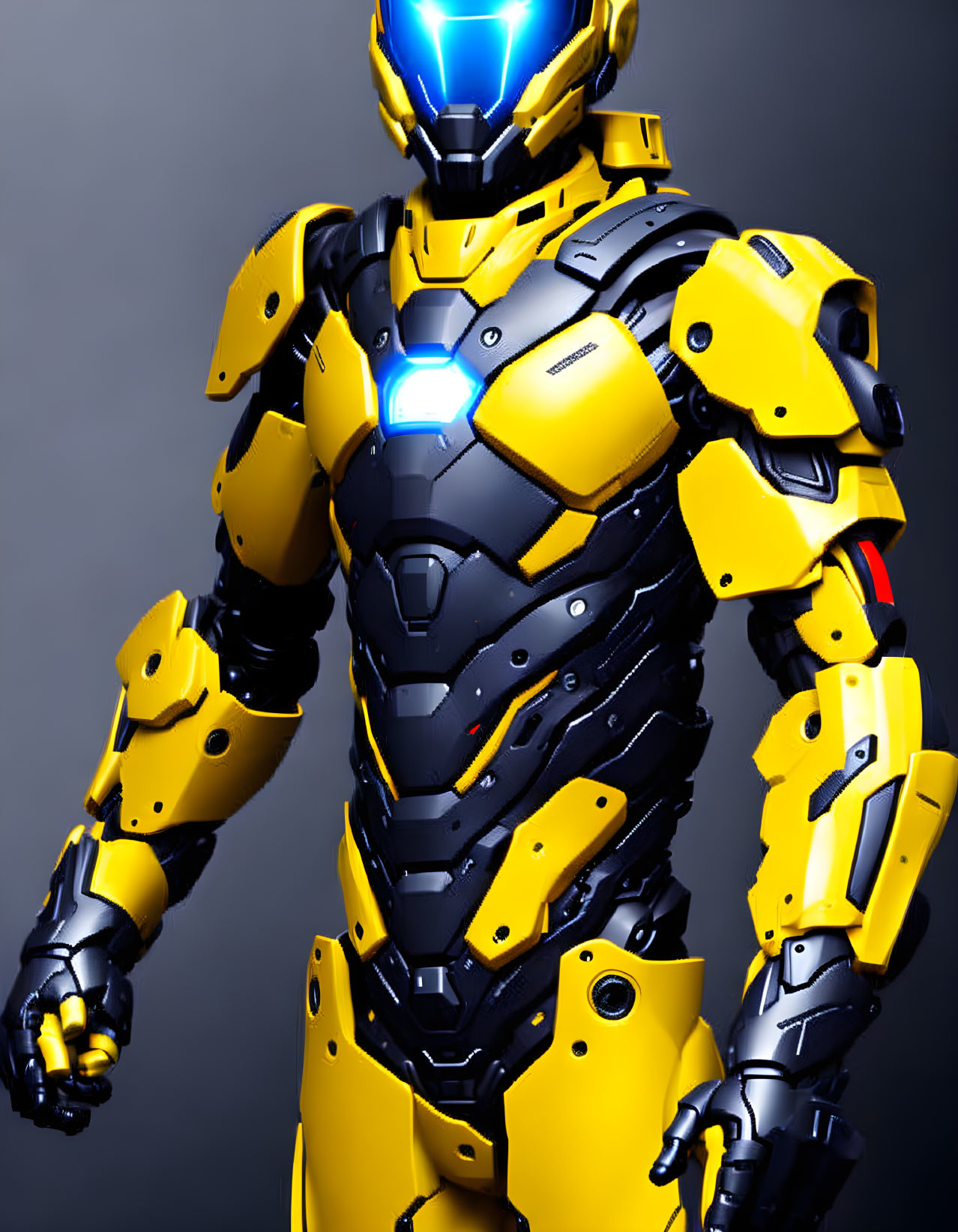 Yellow and Black Armored Robot with Blue Glowing Visor on Grey Background