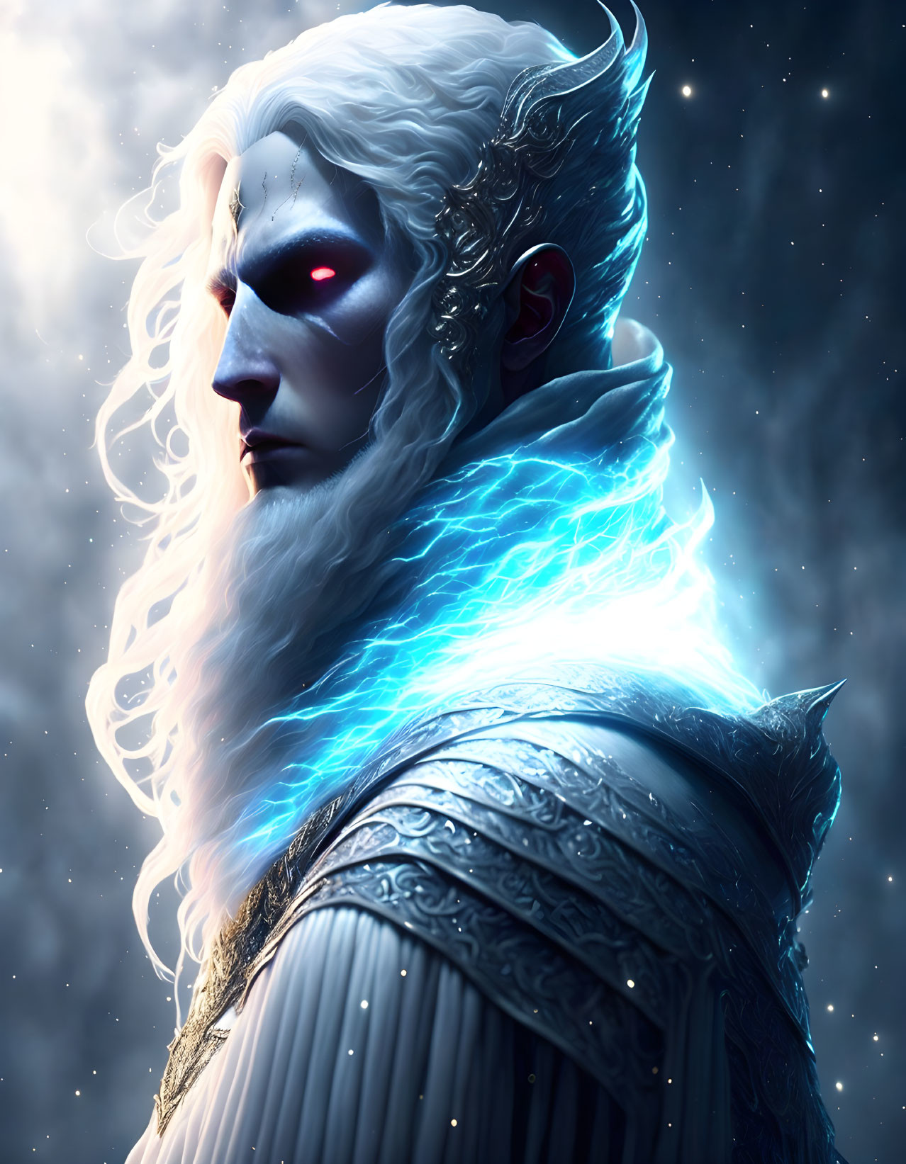 Fantasy figure with pale skin, white hair, red eyes, and blue aura on starry night