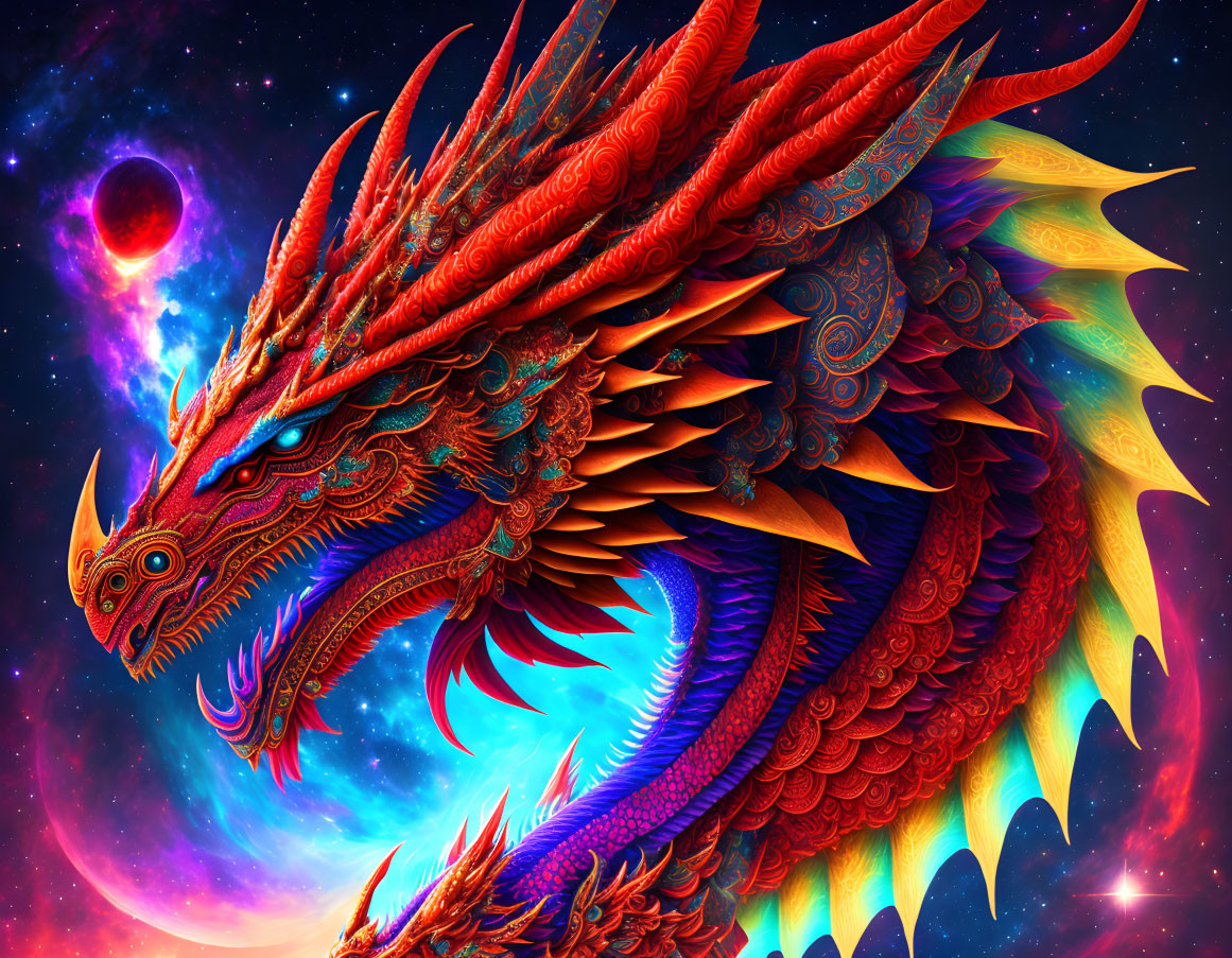 Colorful Dragon with Cosmic Background and Intricate Scales