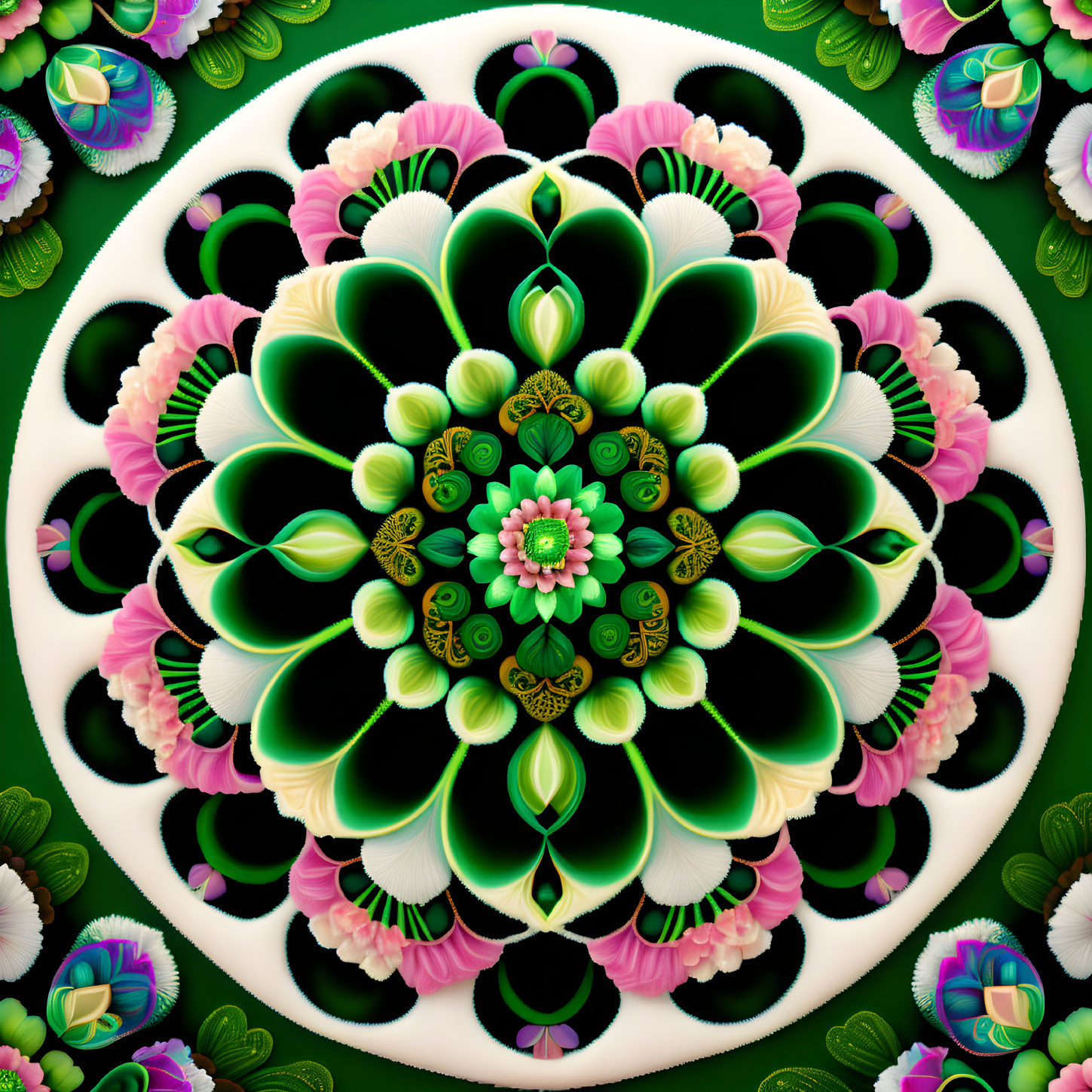 Symmetrical green, black, and pink fractal mandala with floral motifs