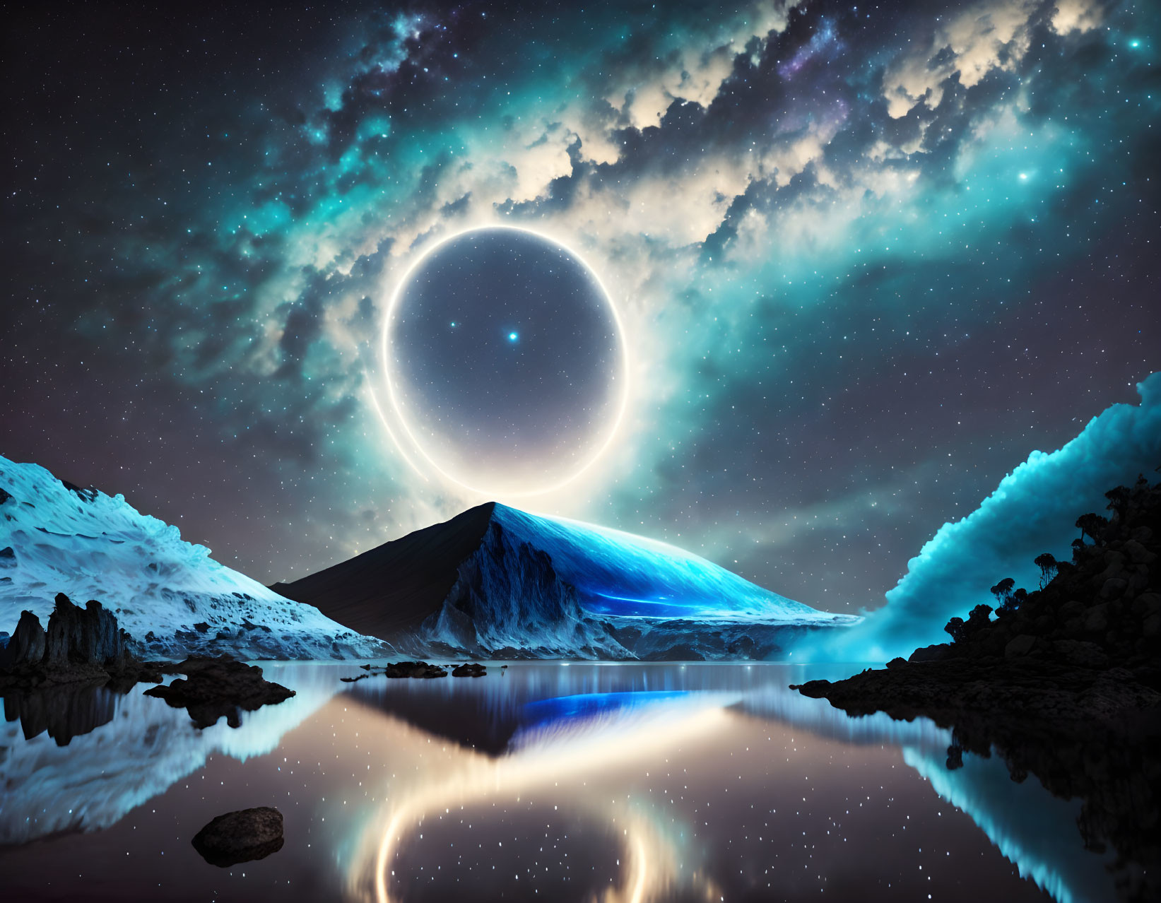 Moonlit Night Landscape with Luminous Ring, Mountain Lake, and Snowy Peak