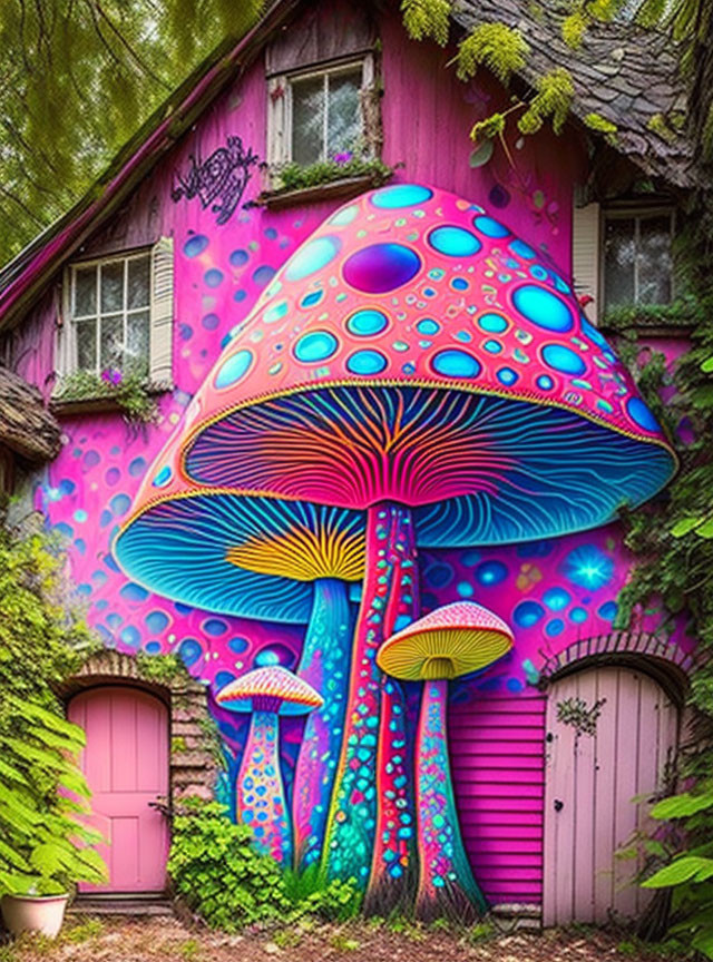 Colorful mural featuring giant mushroom, smaller mushrooms, greenery, and pink doorway