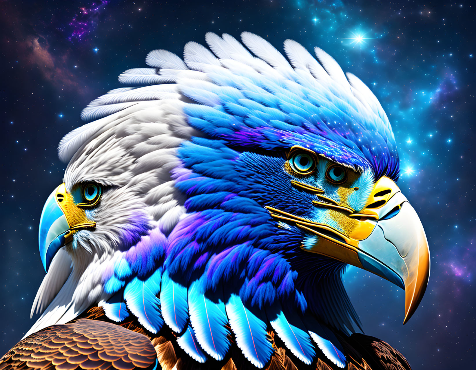 Vibrant digital illustration of two eagles in cosmic setting