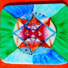 Symmetrical Abstract Art: Geometric & Swirling Designs in Blue, Red, Orange on Red