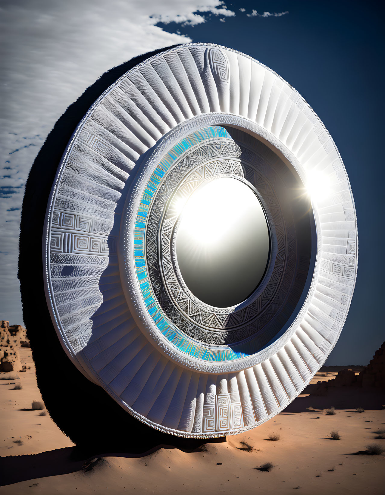 Circular futuristic artifact with glowing blue core in desert landscape