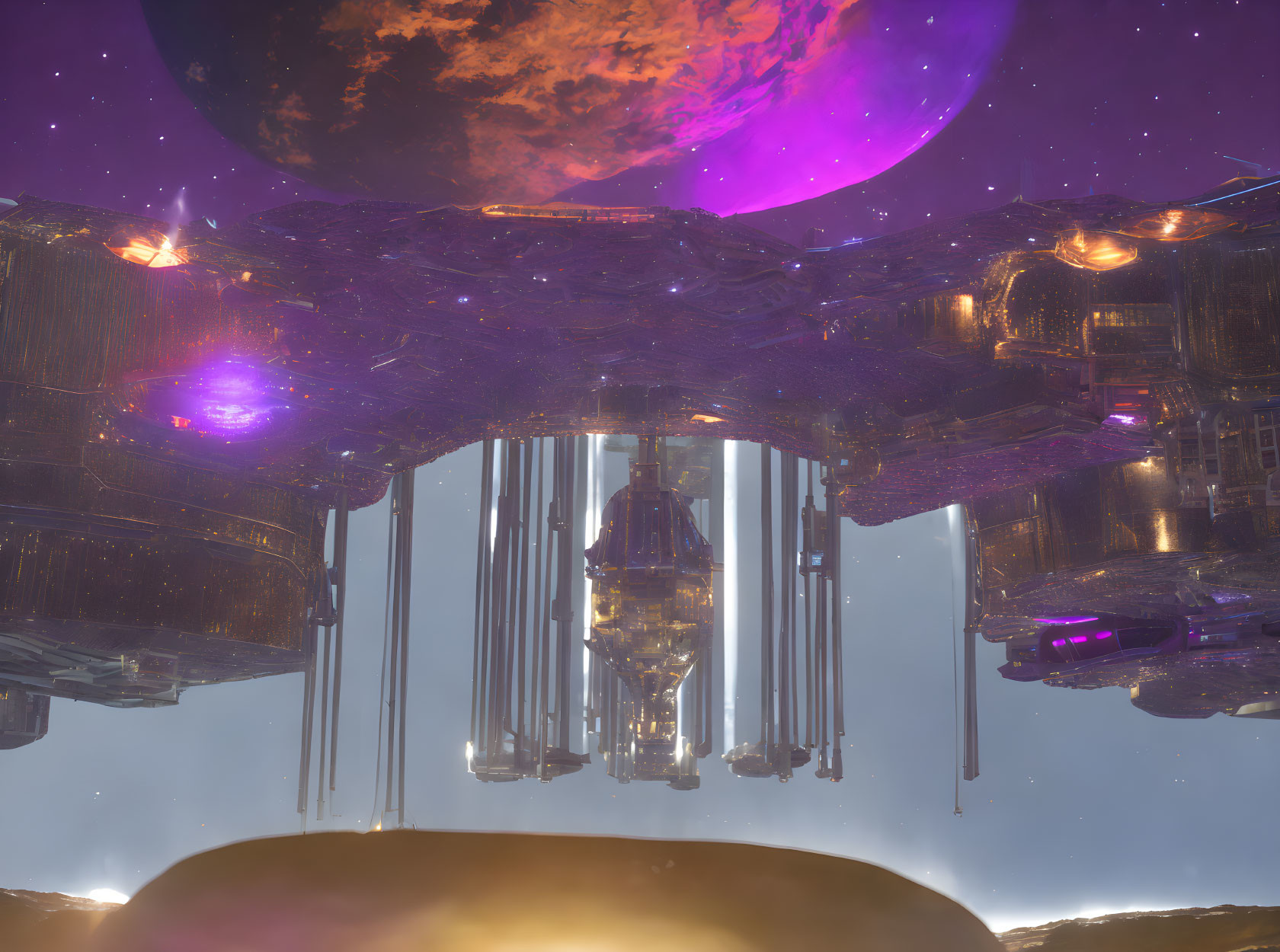 Upside-Down Futuristic Cityscape with Purple Planet and Stars