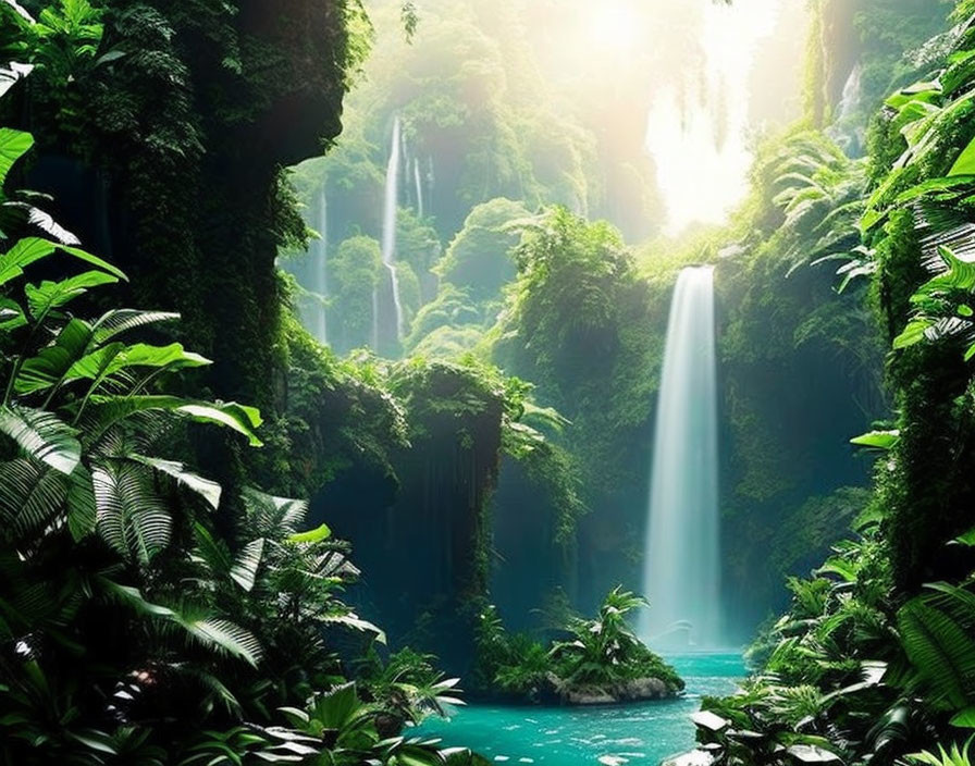 Lush green jungle with waterfalls, sunlight, and serene blue pool