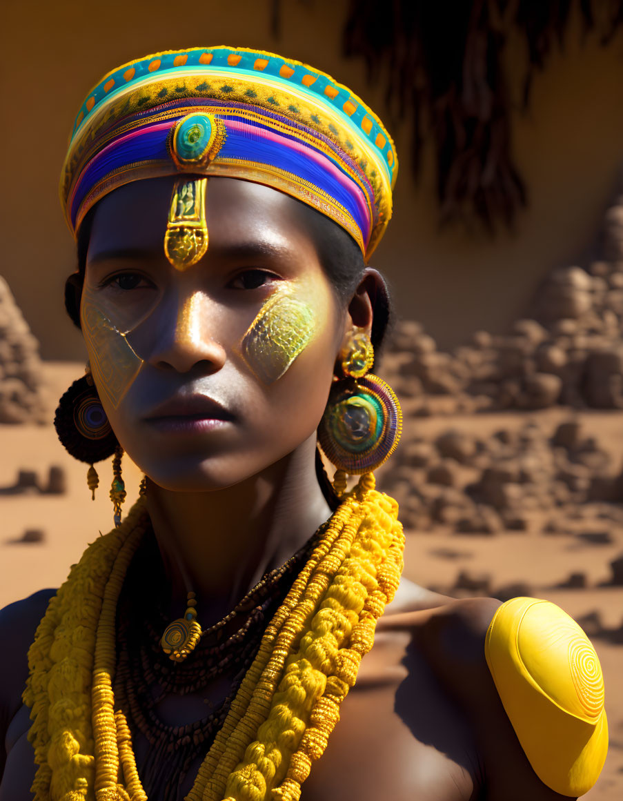 Vibrant headband, facial paint, earrings, and necklace in desert scene