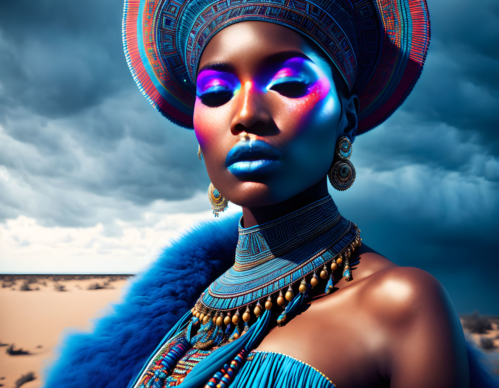 Portrait of woman with blue makeup and African jewelry in desert landscape