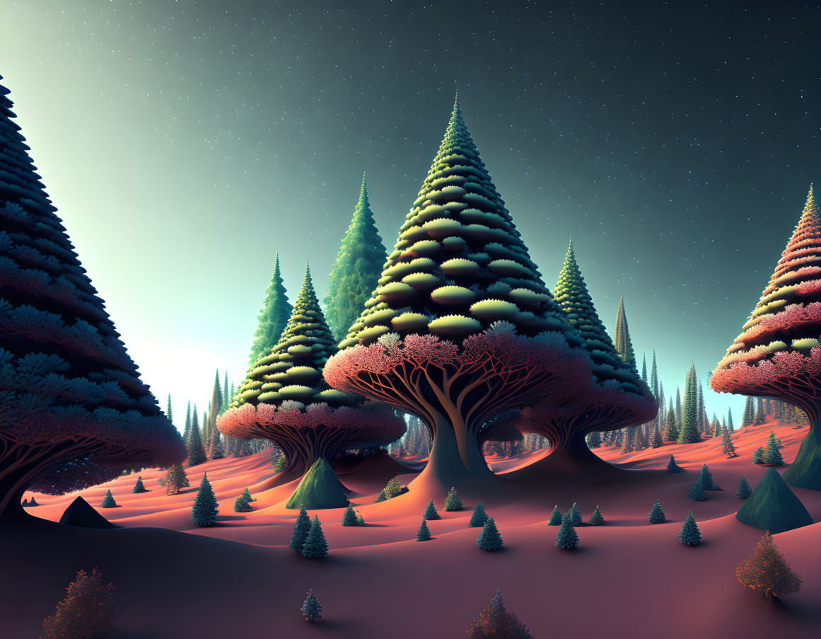 Surreal landscape: oversized cone-shaped trees, twilight sky, long shadows, undulating terrain.