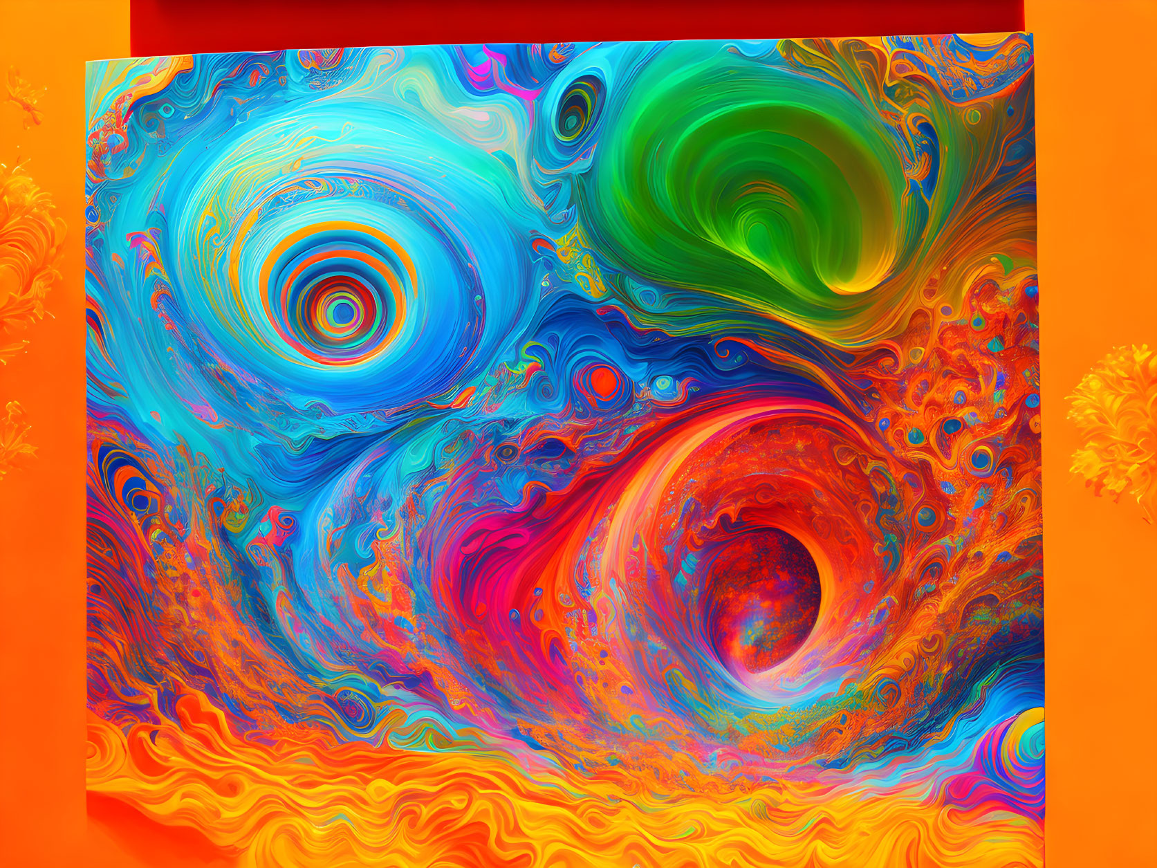 Colorful abstract art with swirling psychedelic patterns in blue, green, red, and orange