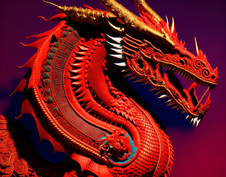 Detailed Red and Gold Dragon Sculpture on Dark Background