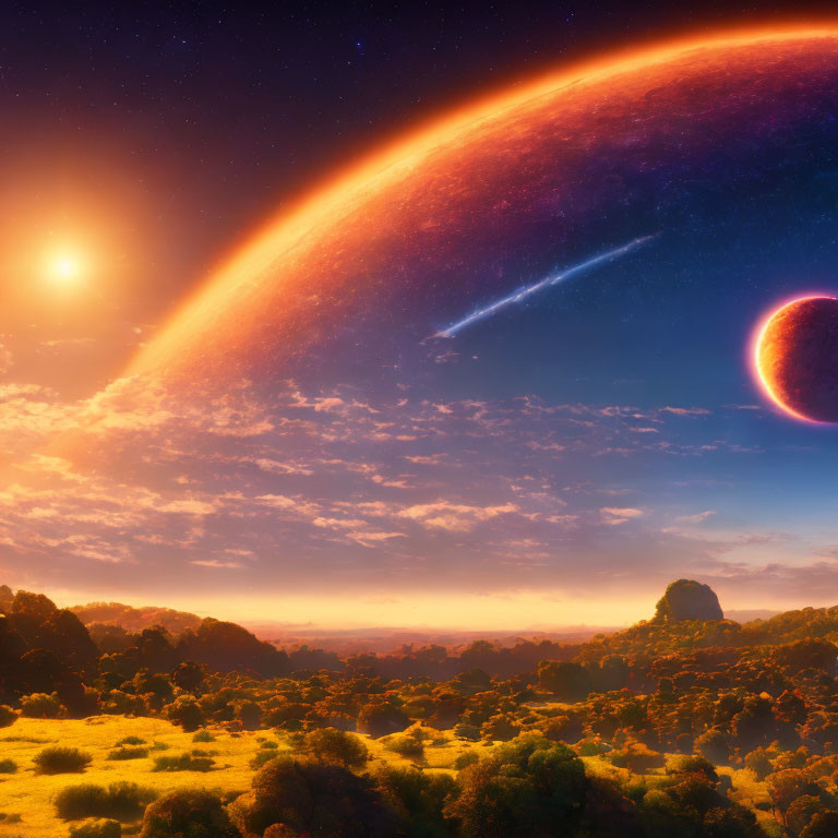 Vibrant sunrise over surreal cosmic landscape with planet, comet, and alien terrain