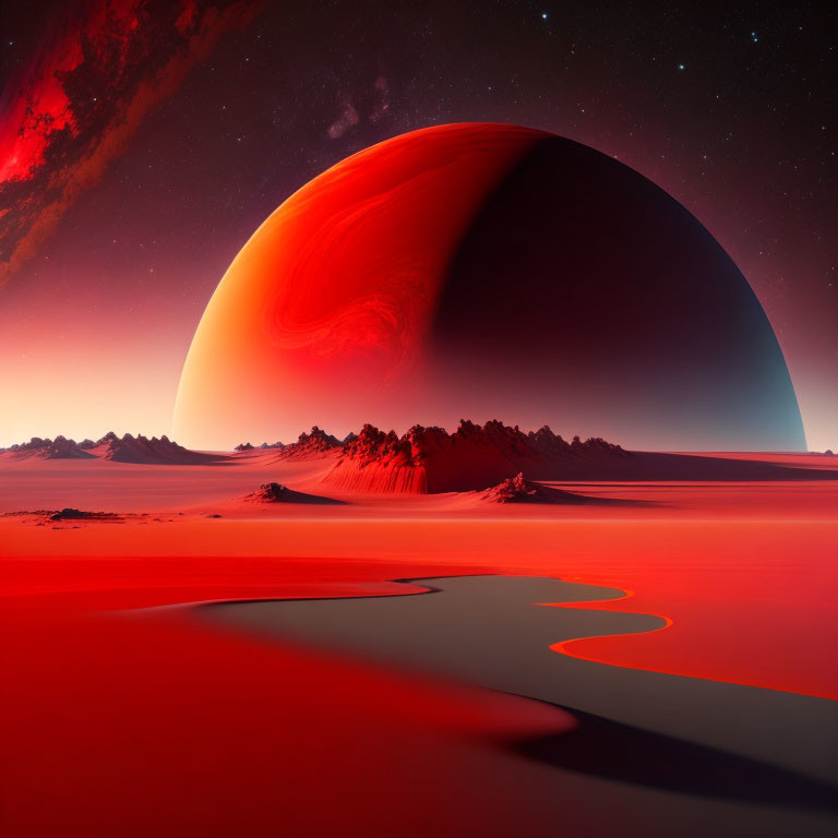 Red sand, serpentine river, giant red planet in futuristic landscape