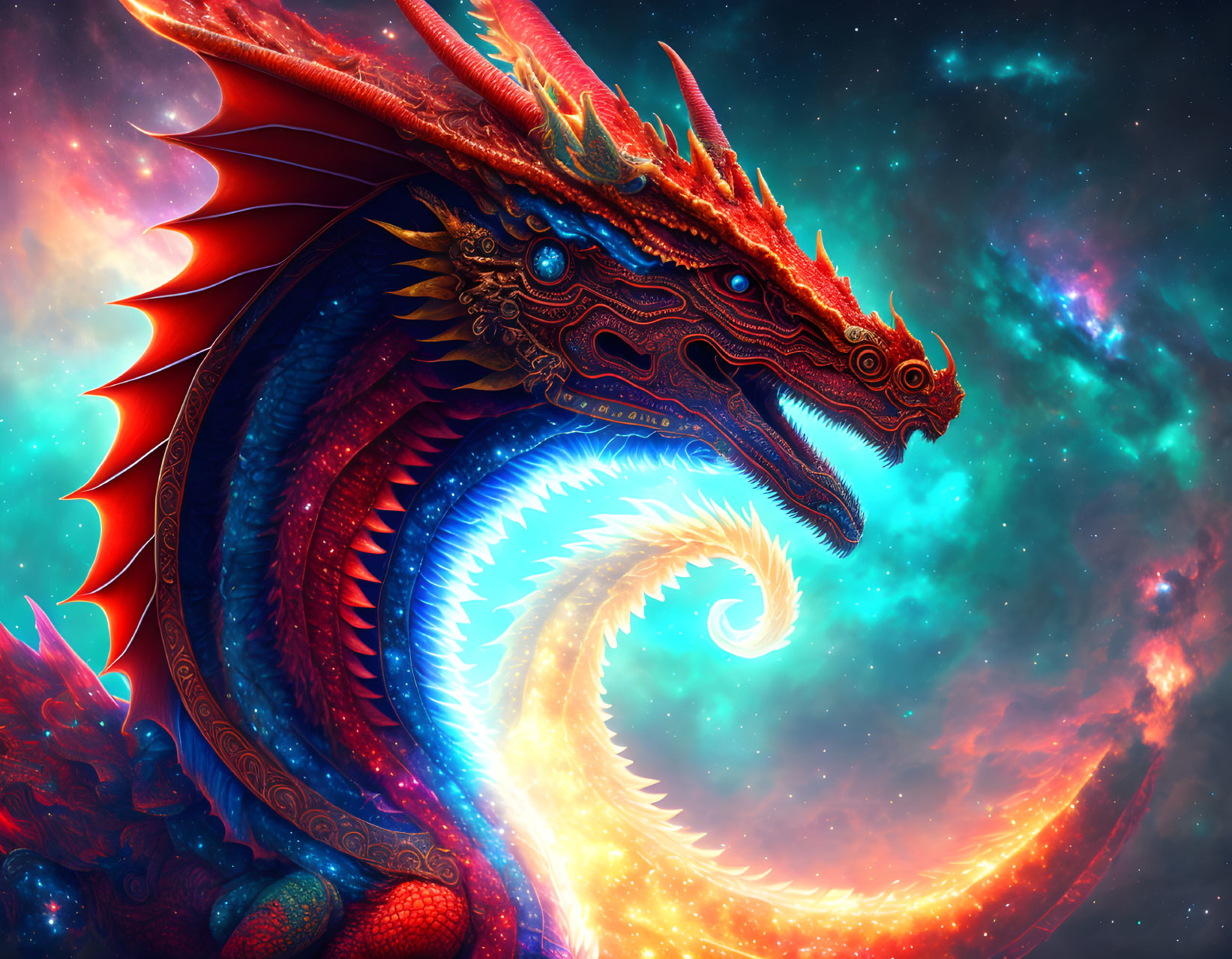 Mythical dragon with red and blue scales in cosmic scene