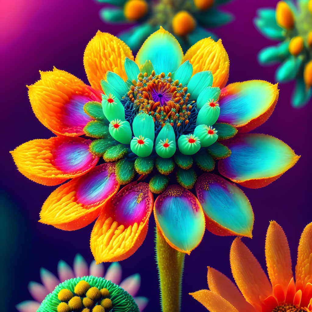 Colorful Flower with Orange to Blue Petals on Purple Background