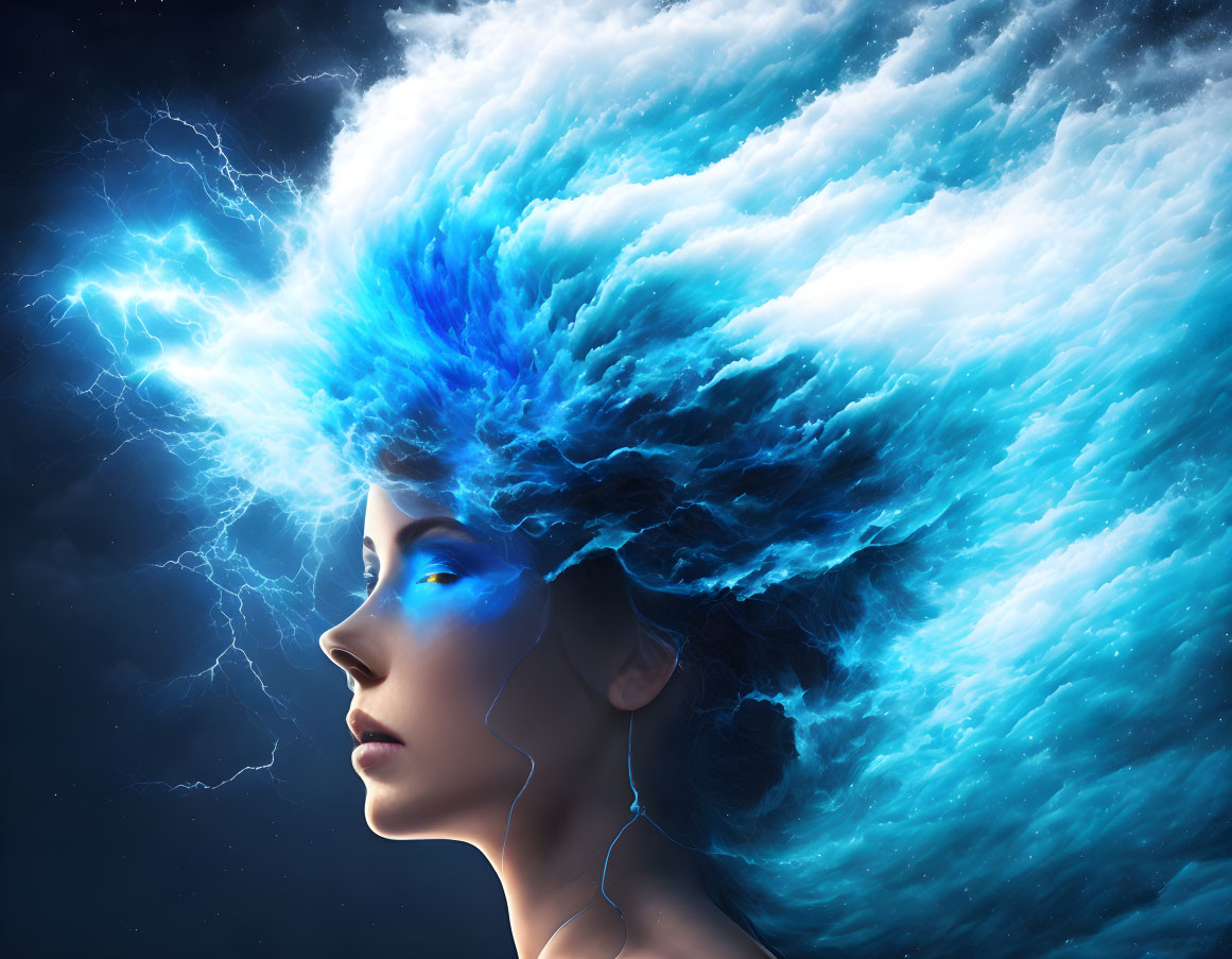 Woman profile with vivid blue wave hair in stormy lightning background.