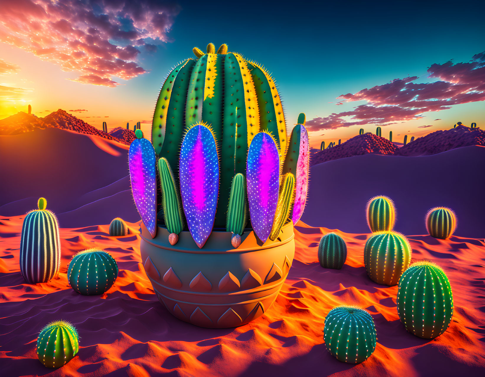 Vibrant neon-lit cacti in decorated pot against desert sunset.