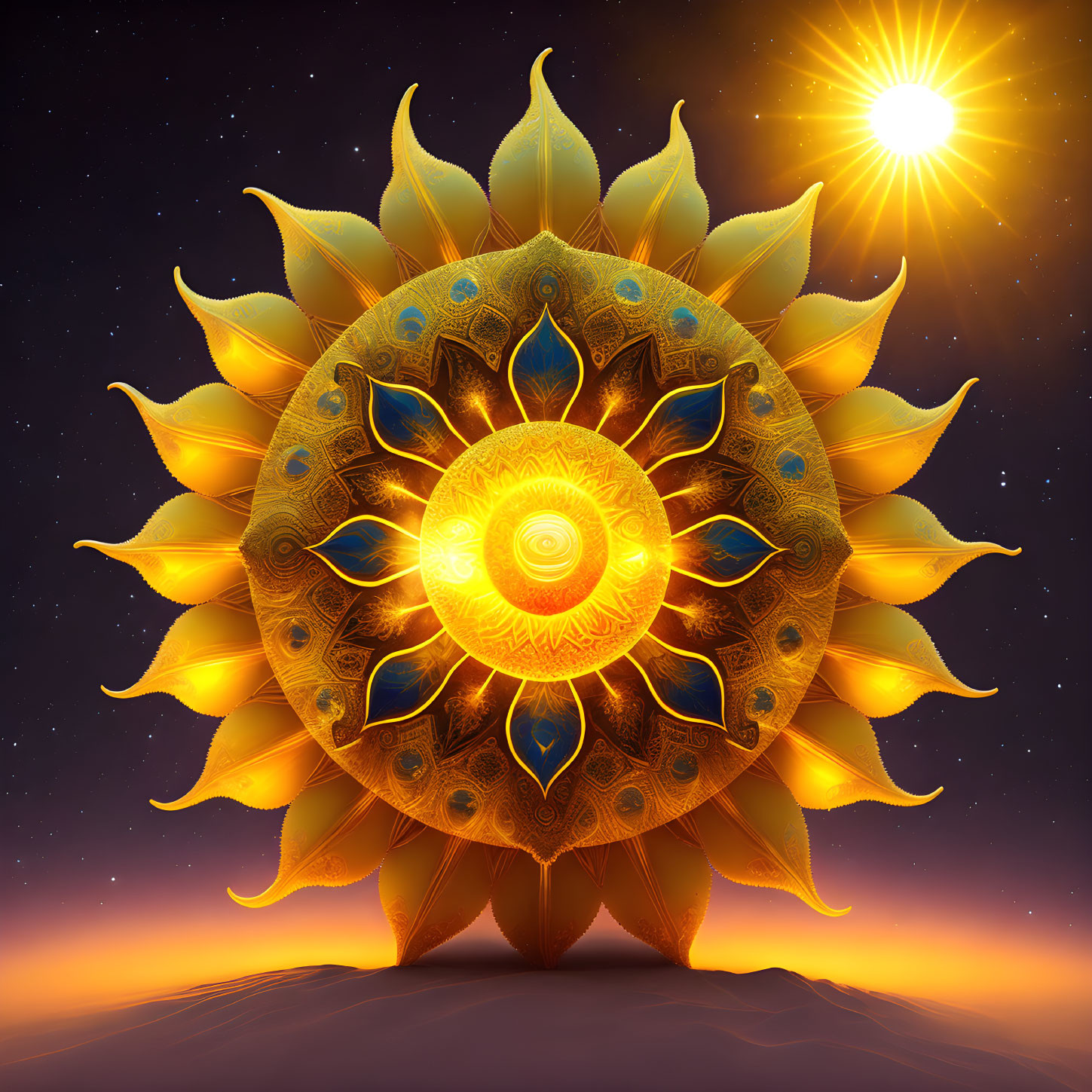 Stylized sun with intricate patterns and golden petals against a starry desert sky