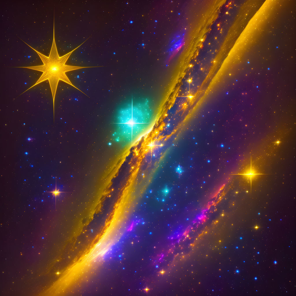 Colorful galaxy with stars and dust swirls on dark space backdrop