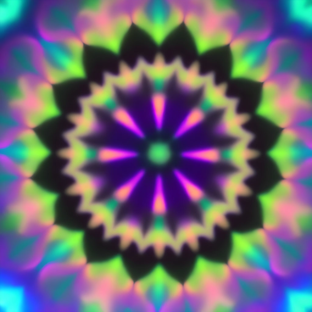 Neon green and purple kaleidoscope pattern on soft blur background