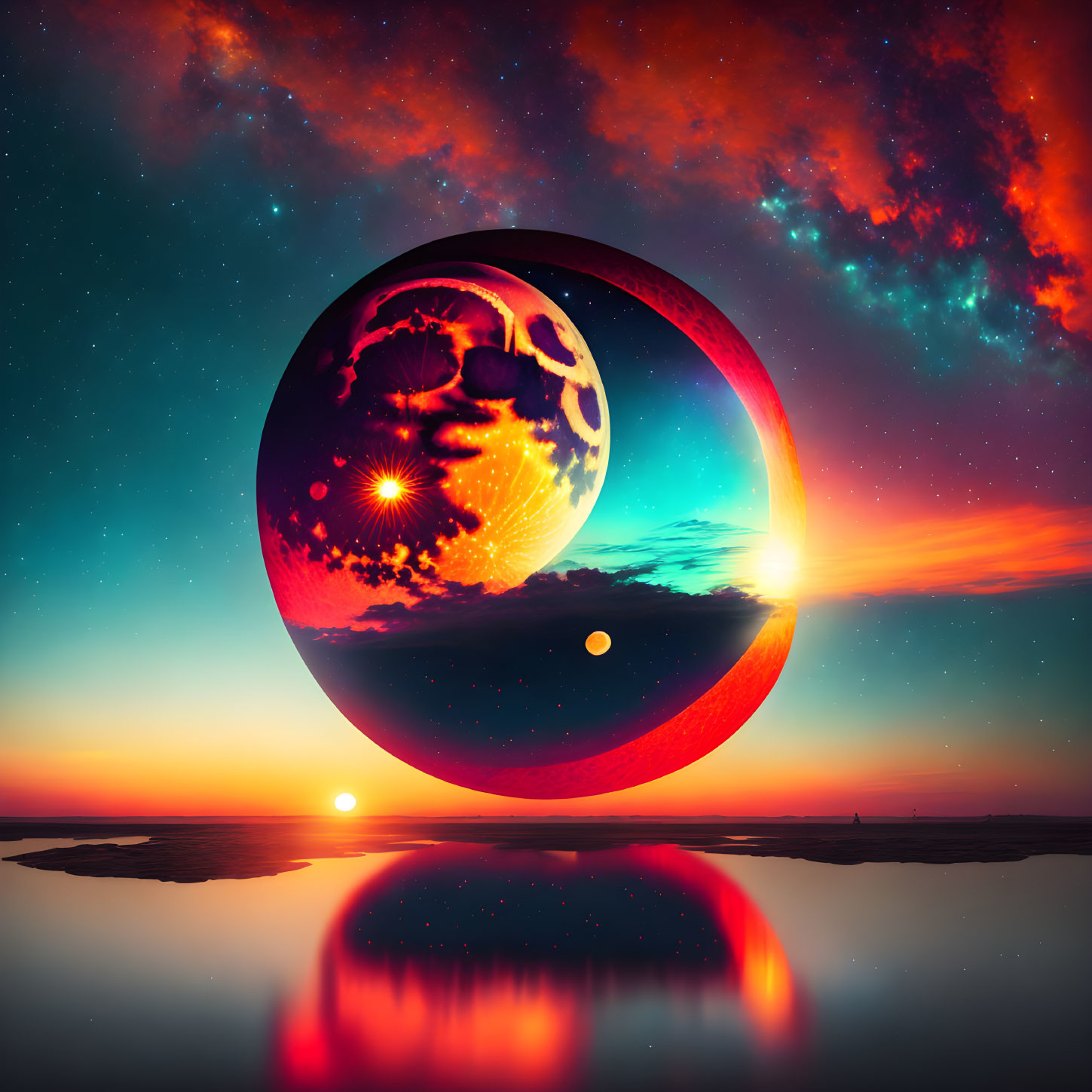 Vibrant translucent sphere over serene waterscape at sunset