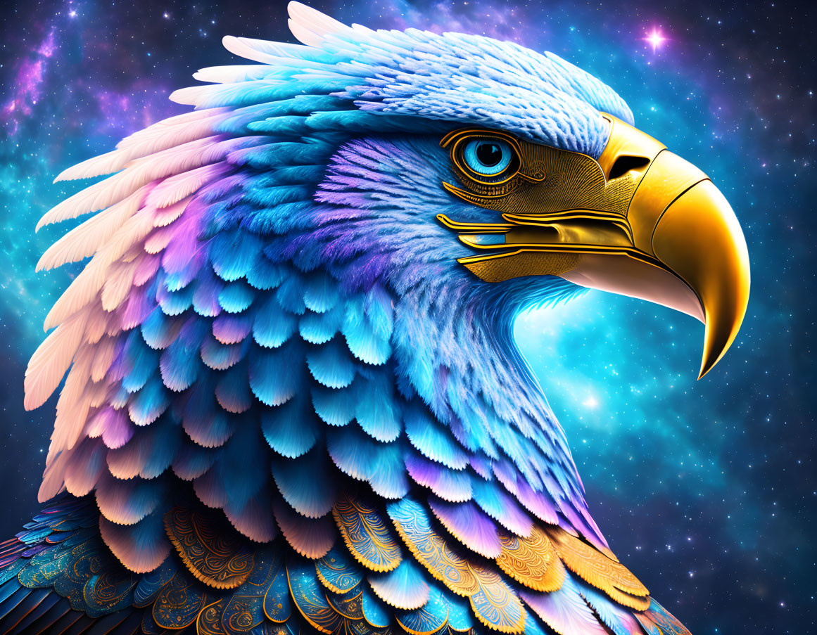 Vibrant blue and purple eagle in cosmic setting