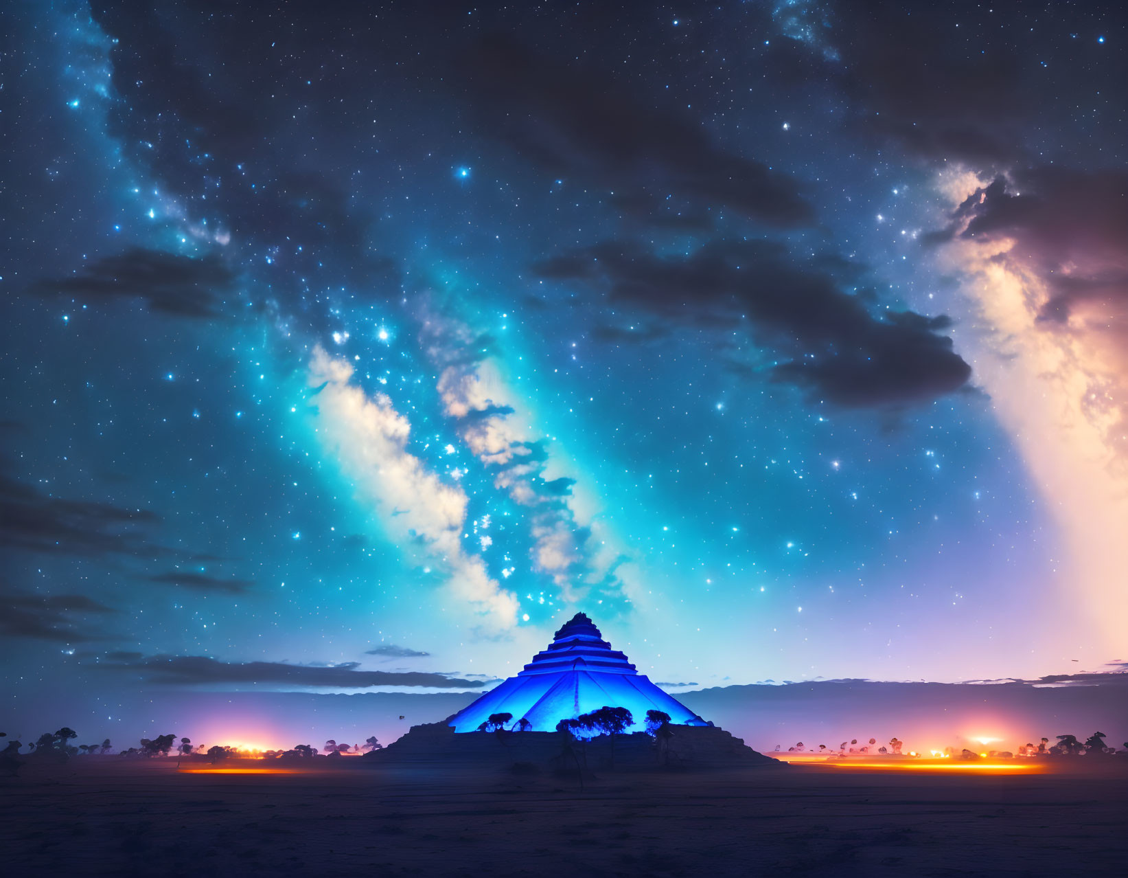 Starry Night Sky Over Glowing Pyramid in Desert Landscape