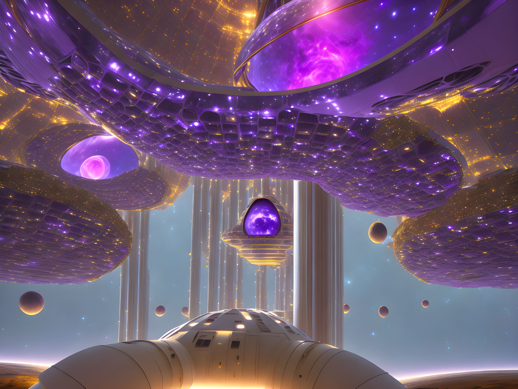 Futuristic Space Station Interior with Glowing Purple Orbs & High-Tech Structures