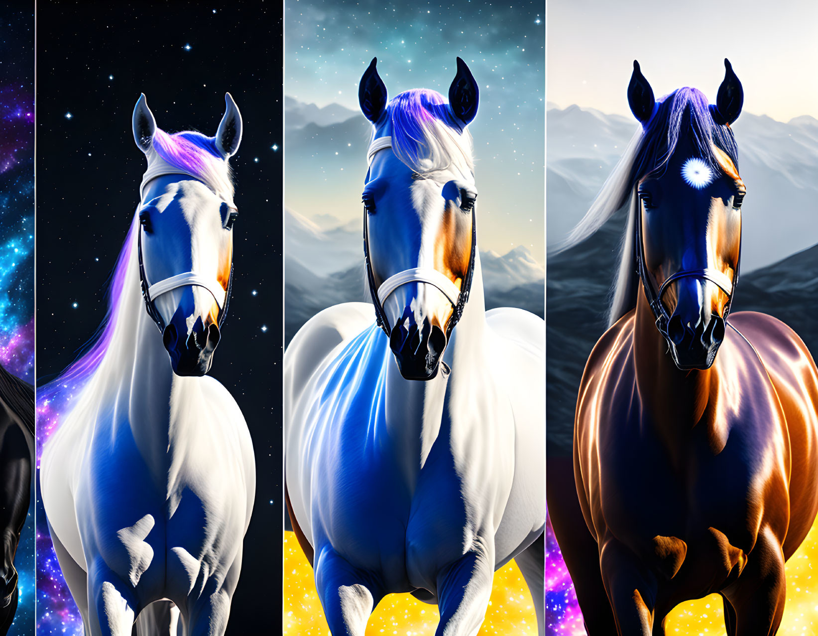 Artistic horse images with cosmic backgrounds.