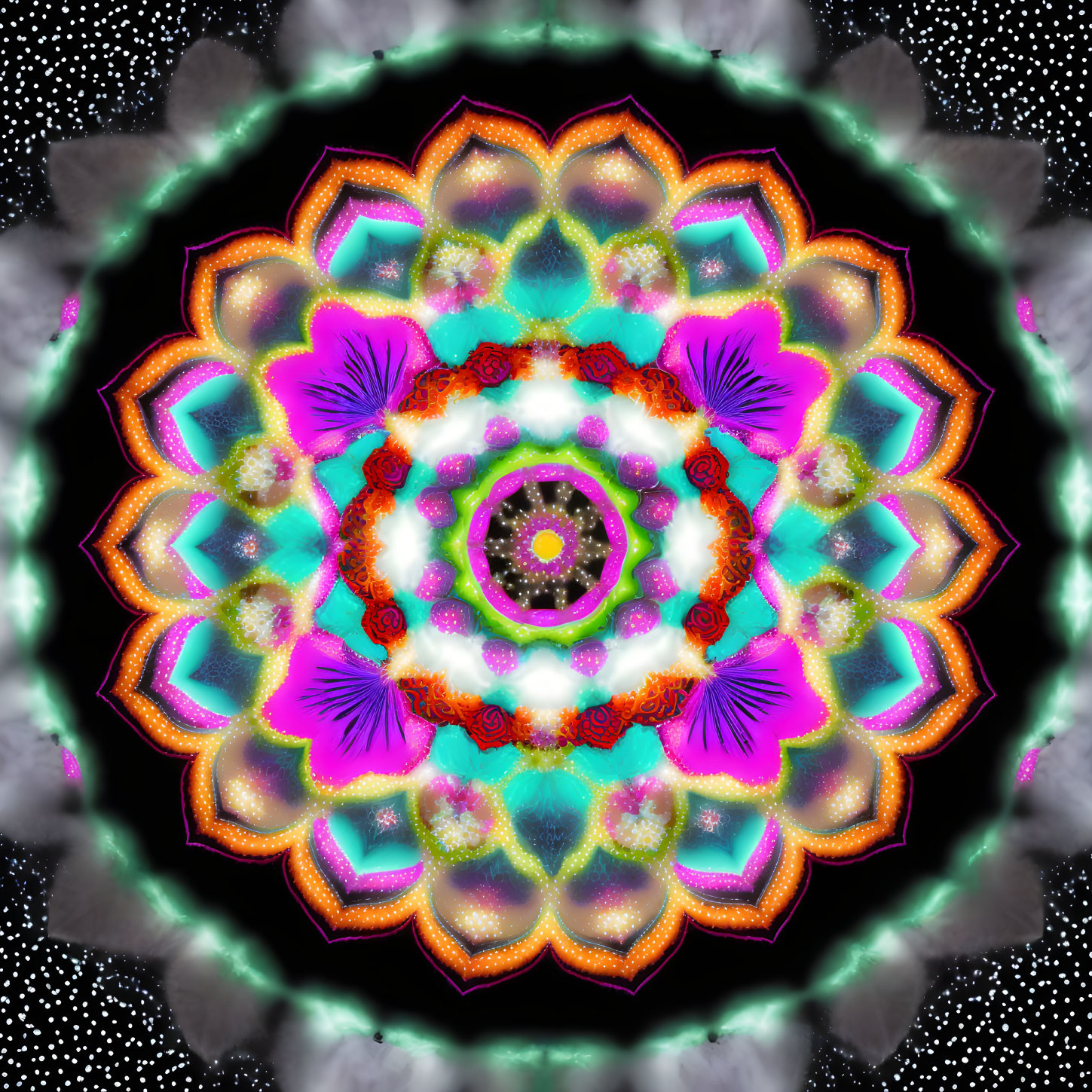 Colorful Neon Mandala Design on Dark Background