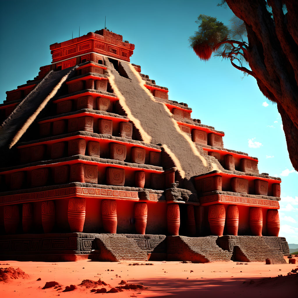 Red Mesoamerican pyramid with sand cascade and tree silhouette