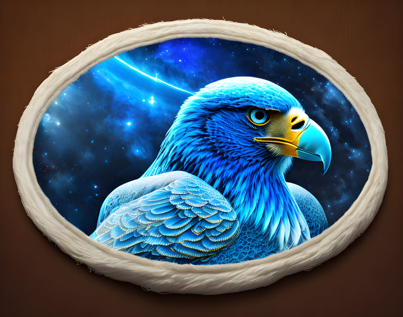 Majestic blue eagle with cosmic backdrop in oval frame