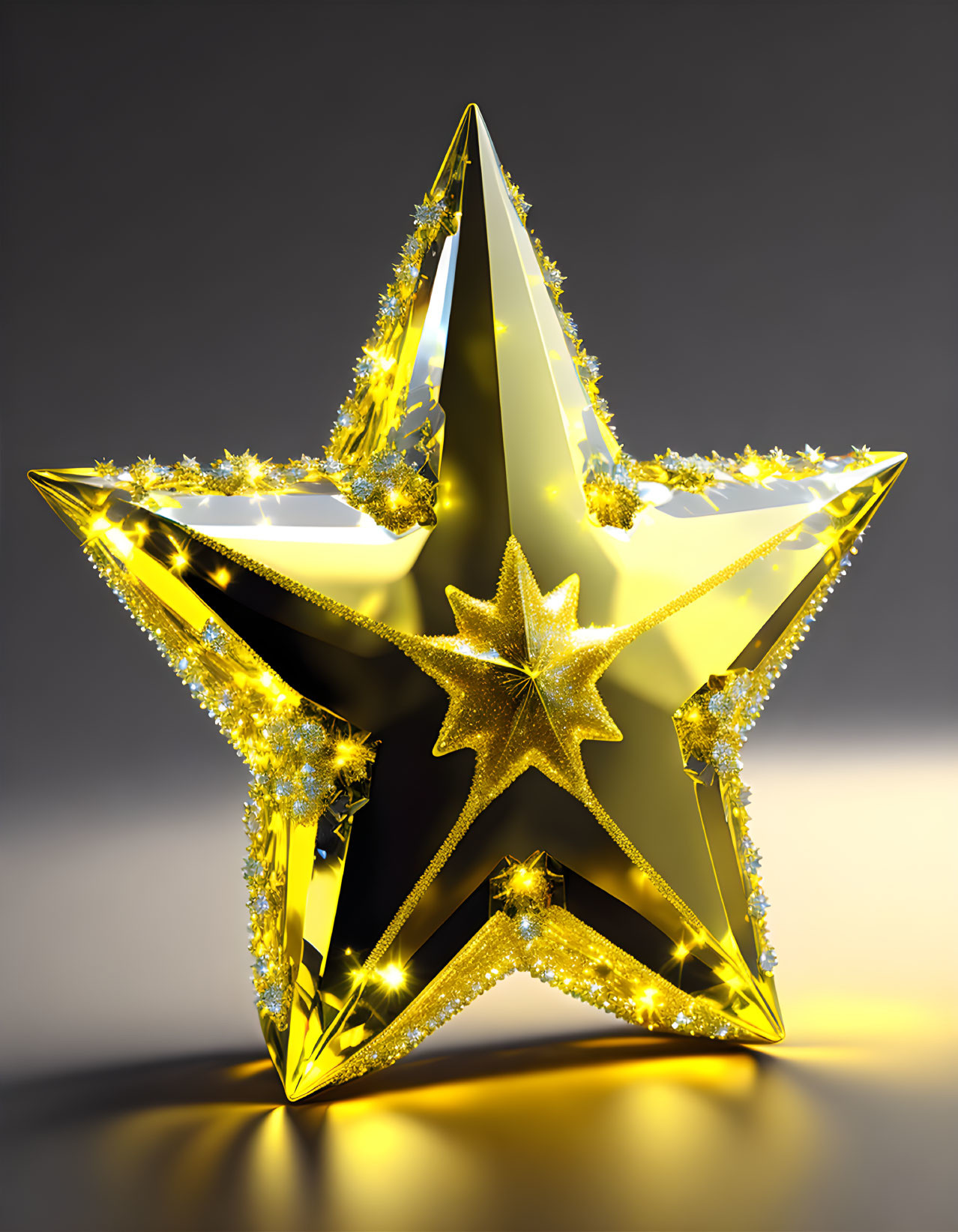 Golden star 3D rendering with sparkling edges on gray gradient.