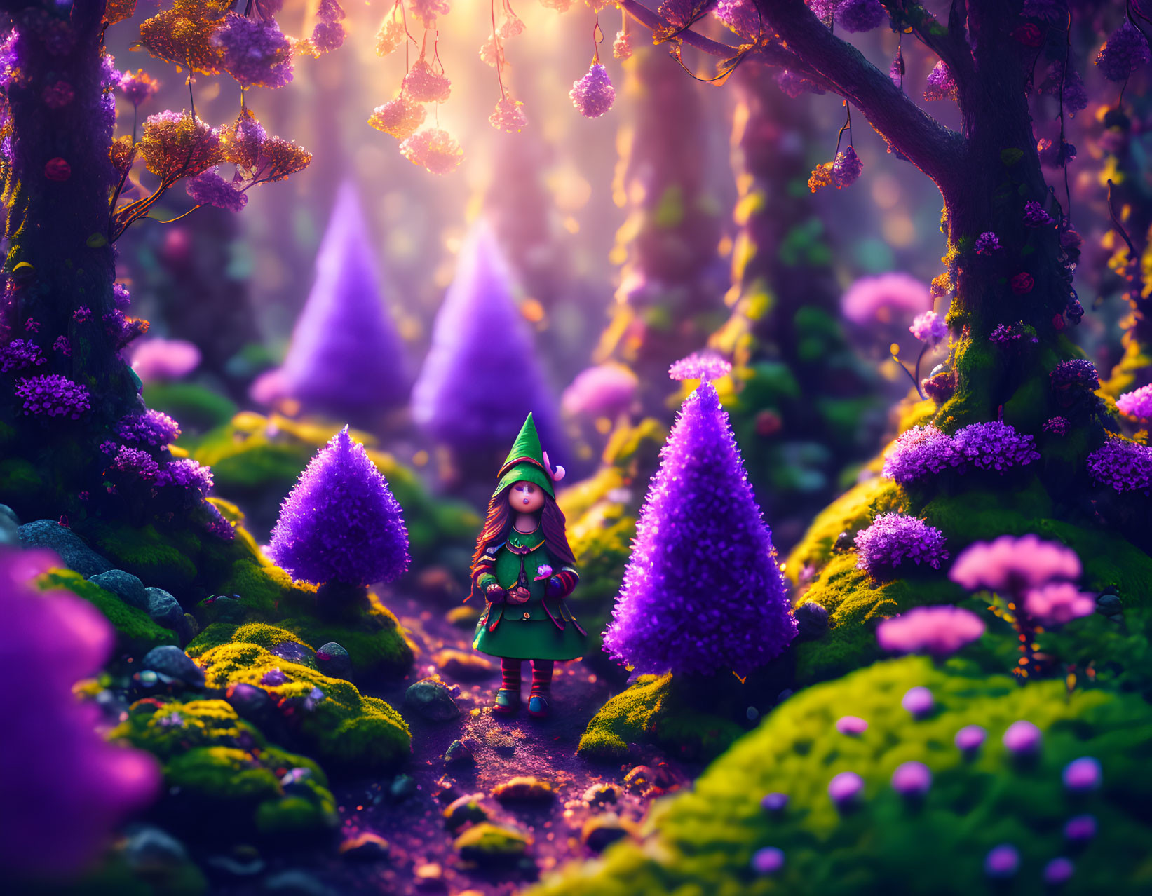 Vibrant purple flora and animated character in mystical forest