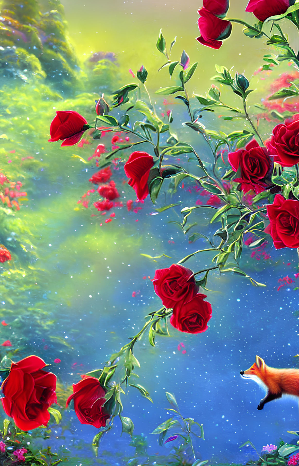 Colorful digital artwork: Red roses, orange fox, mystical forest