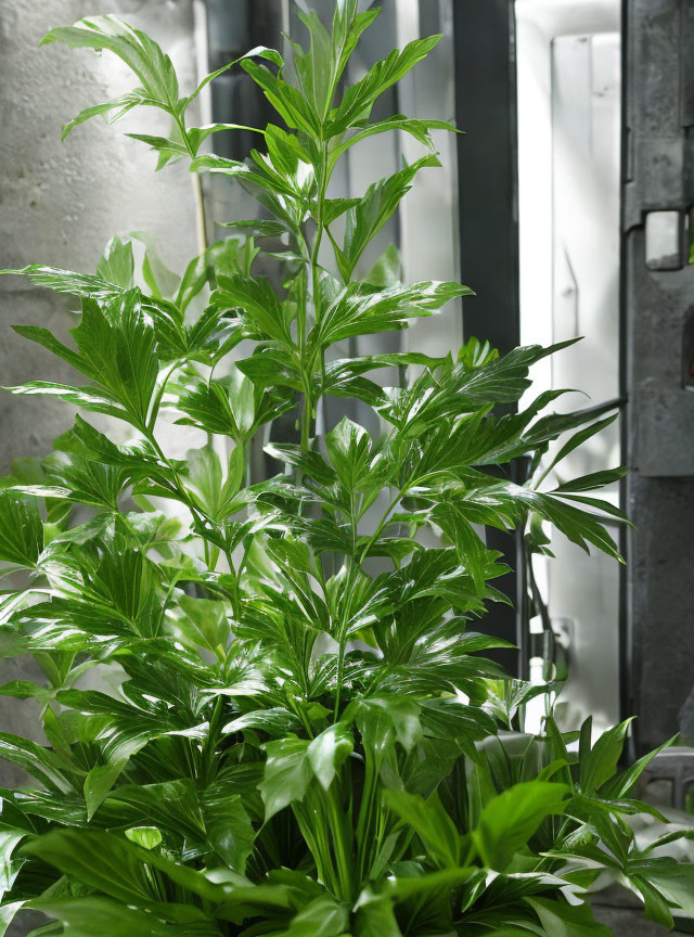 Elongated leaf potted plant in natural light by window.