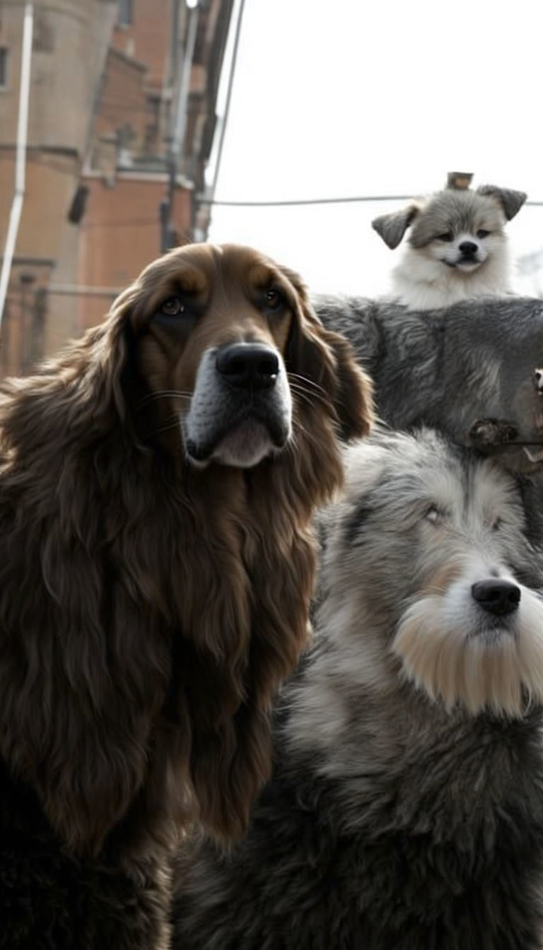 Raccoon perched on dog's back with urban background