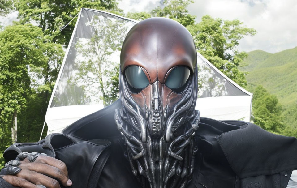 Stylized black and bronze alien costume with tentacle-like mouthpiece in forest setting