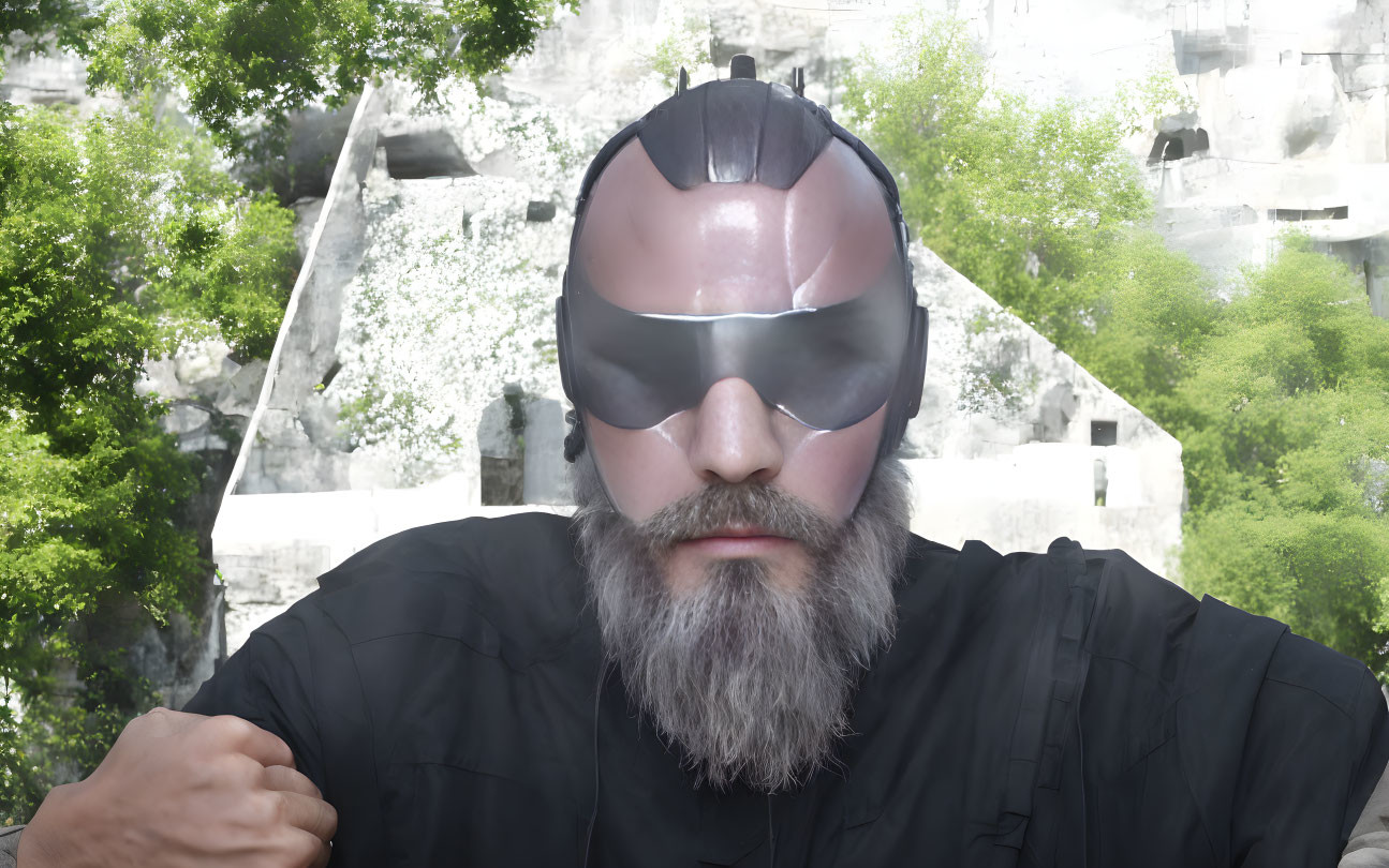 Bearded person in superhero mask against ancient ruins backdrop